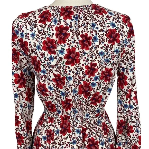Cream and Red Floral V Neck Long Sleeve Dress - Picture 8 of 14